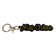 Load image into Gallery viewer, black gold personalised keyring name
