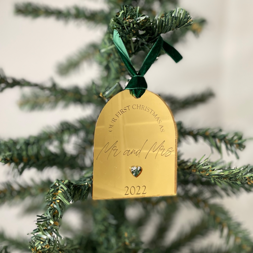 personalised gold couples christmas ornament wedding
