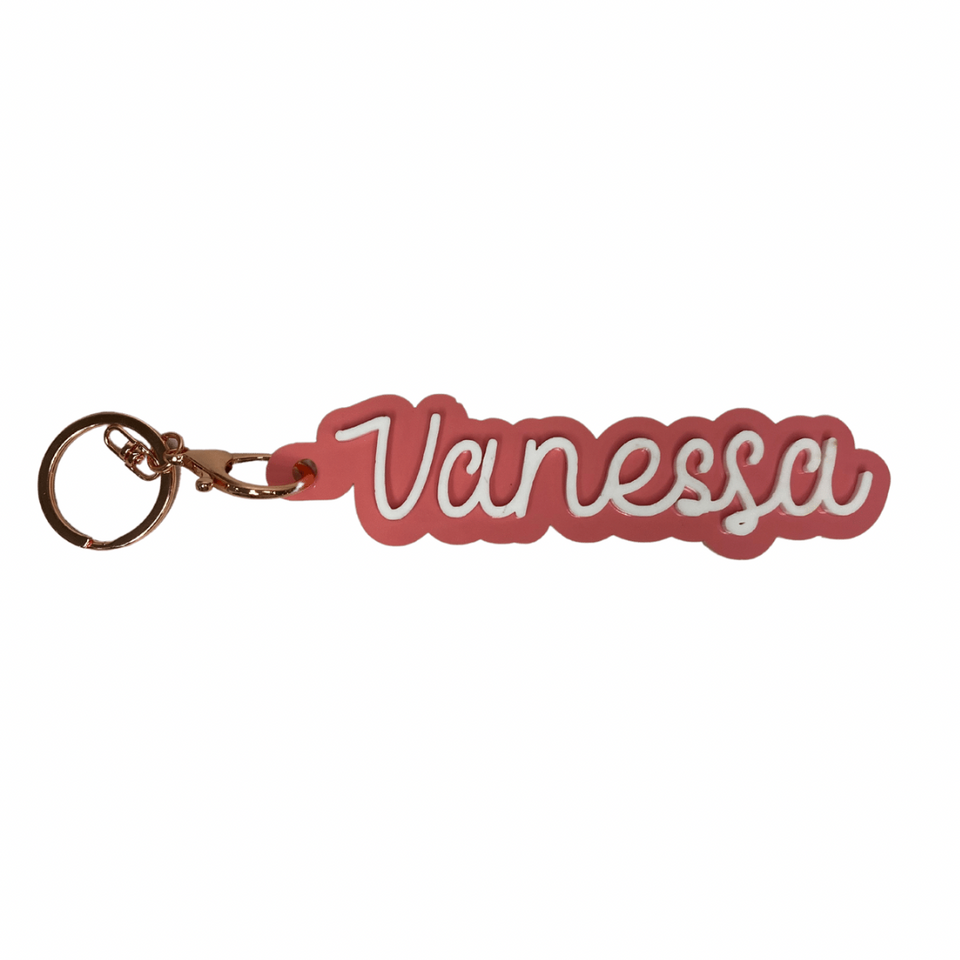 pink white personalised keyring name